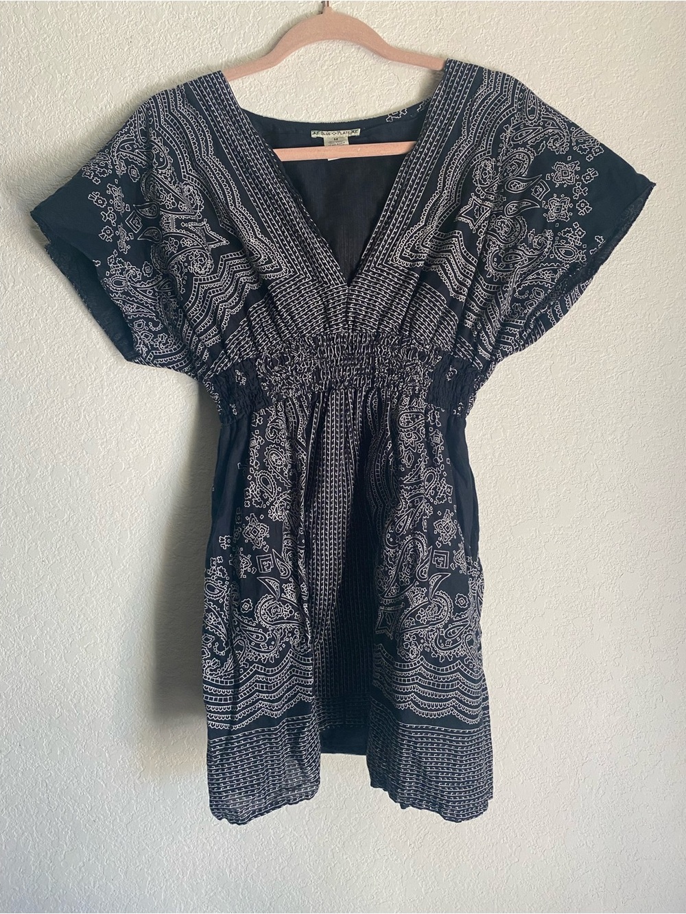 Blue Plate Black White Paisley Bandana Smocked Boho 100% Cotton Mini Dress M - Picture 2 of 8